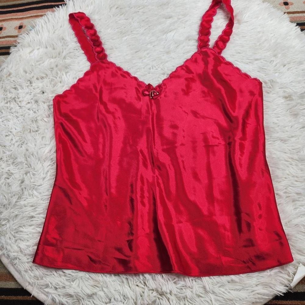 ❤️‍🔥❤️ Vintage 90's Red Silky Baby Toll Top Lingerie Scalloped Straps ❤️❤️‍🔥